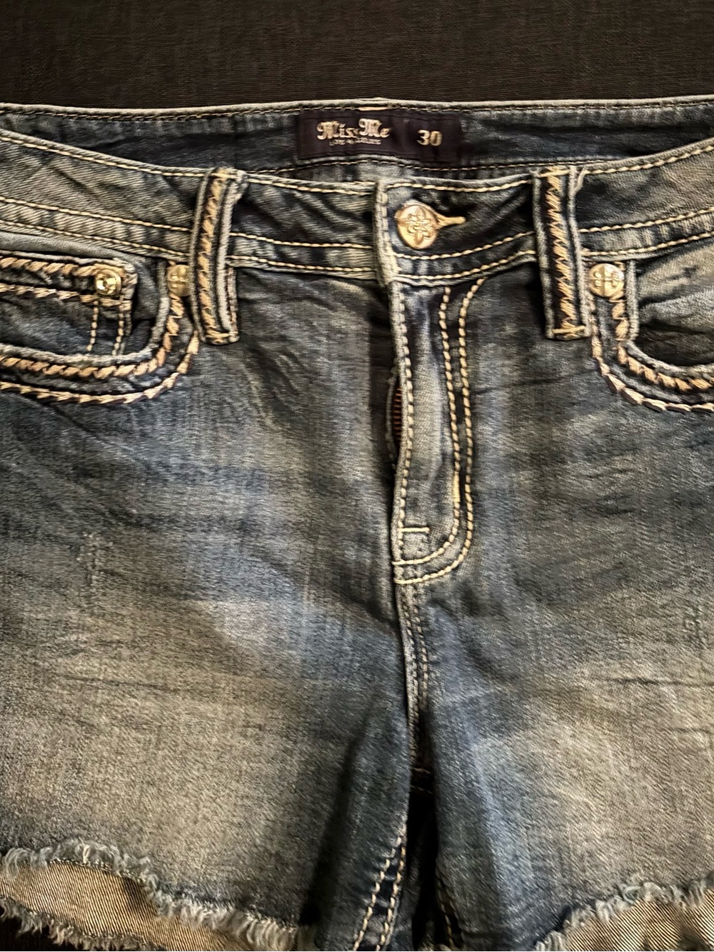 Miss Me Washed Blue Denim Cutoff Shorts with Contrast Stitching